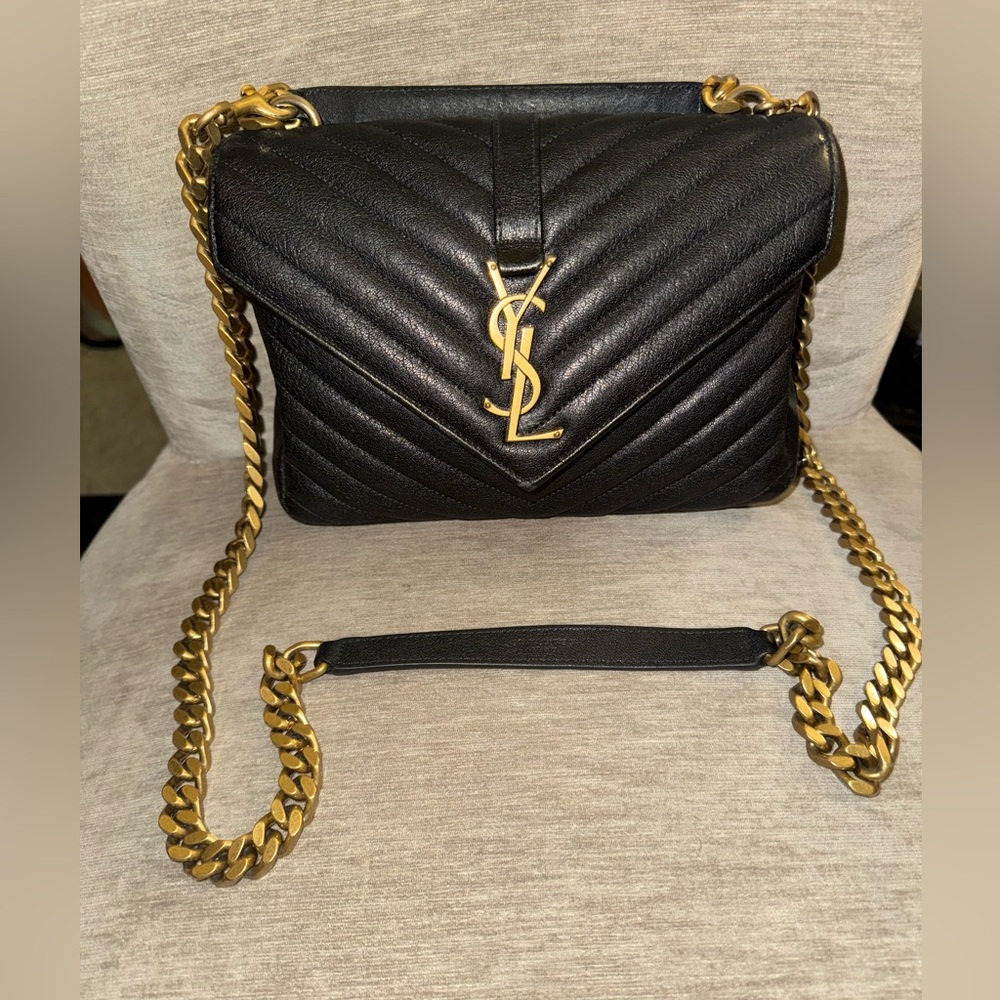 Yves Saint Laurent Black Quilted Shoulder Bag with Gold Accents(Medium)